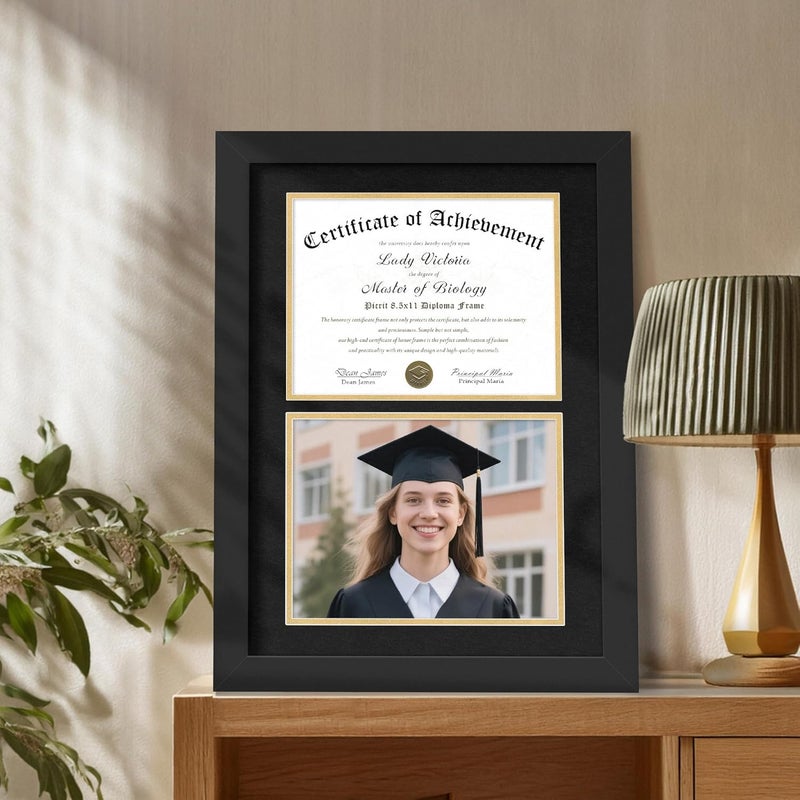 Picrit Double 8.5x11 Black Wood Diploma/Document Frame with Tempered Glass & Black over Gold Mat, and Display 14x20 Degree Certificate Frame without Mat for Wall, 1 pack - Image 2